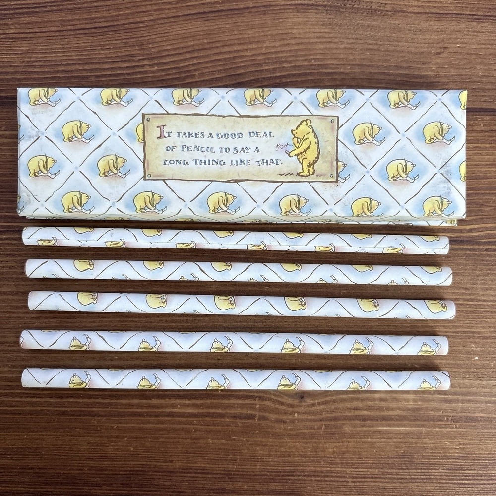 Vintage‎ Winnie The Pooh Pencil Set Of 5 w/ Storage Box Disney Stationery Gift
